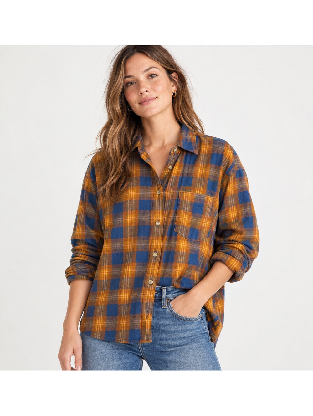 Madewell Women’s Plaid Flannel Button Down Shirt Blue Mustard Brown Size Small